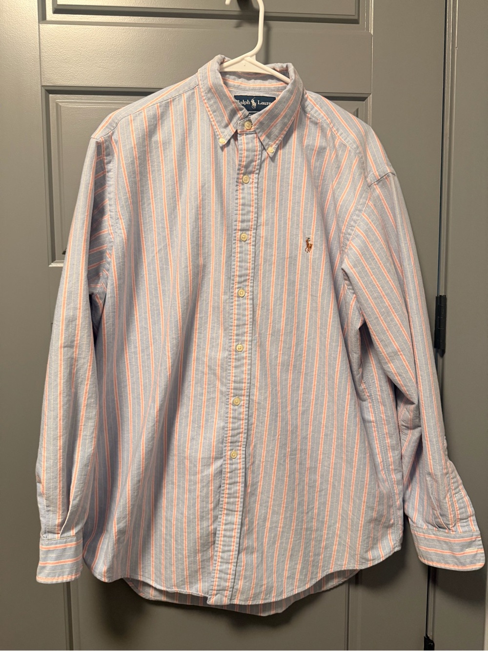 Ralph Lauren Men’s Classic Fit Blue & Pink Striped Long-Sleeve Shirt LARGE